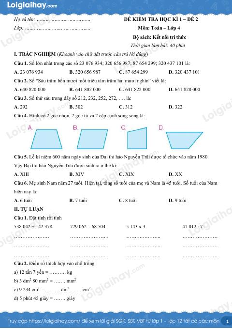 Đề kiểm tra học kì 1 Toán 4 Kết nối tri thức - Đề số 2